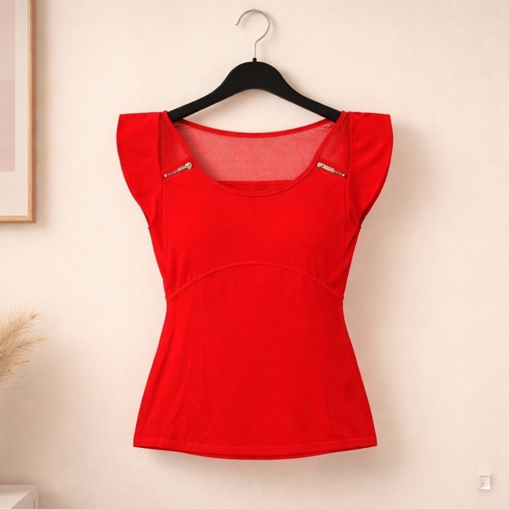 Karen Millen Y2K Inspired Mesh Top Zip Accents Red Futuristic Fitted Chic Size 4